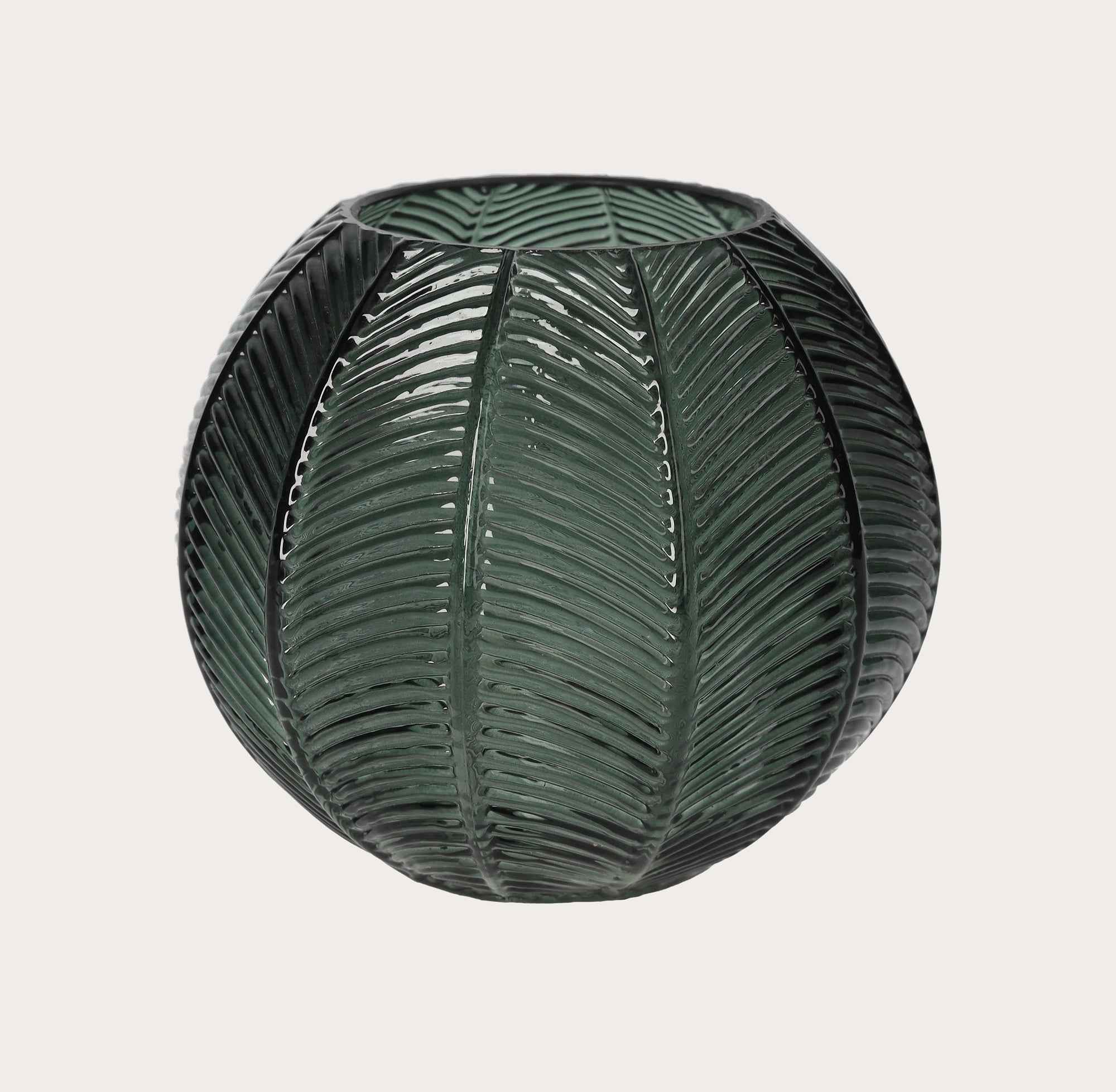 Vaso Tondo in Vetro Verde con Decoro Foglia – Arredo Casa Moderno ed Elegante