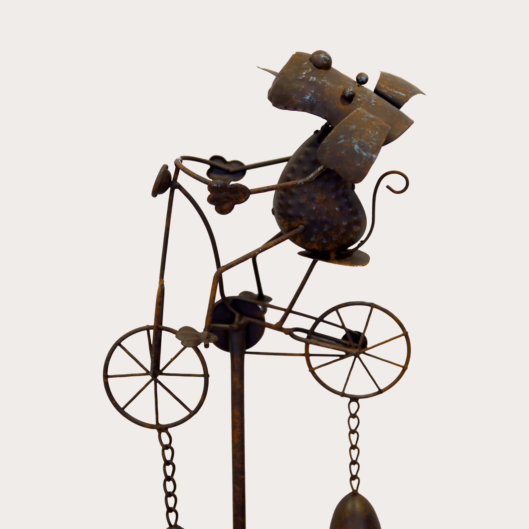 Piantone Decorativo In Ferro Con Cane In Bicicletta E Campanelle, Originale Per Giardini