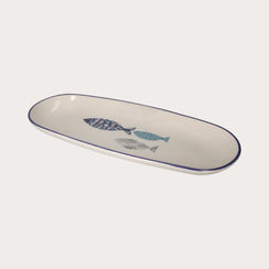 Ceramic Oval Plate with Blue and White Fish – Decorative or Serving Oval Plate