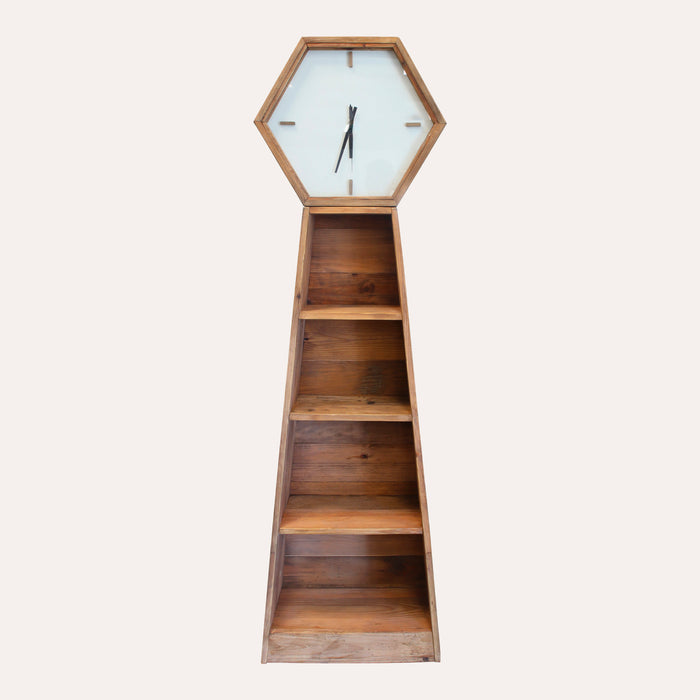 Libreria decorativa in legno con orologio sagomato, da salotto, ingresso, camera da letto e cucina con quattro ripiani.