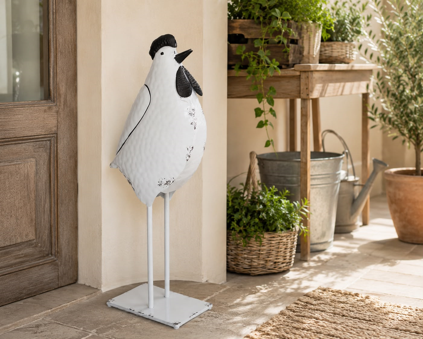 Gallo Decorativo in Latta Bianco e Nero Decapato H48x20x11 cm