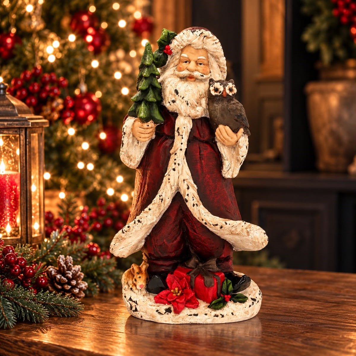 Papai Noel com Coruja em Resina Alt.36×22×13 cm - KeyHome Store