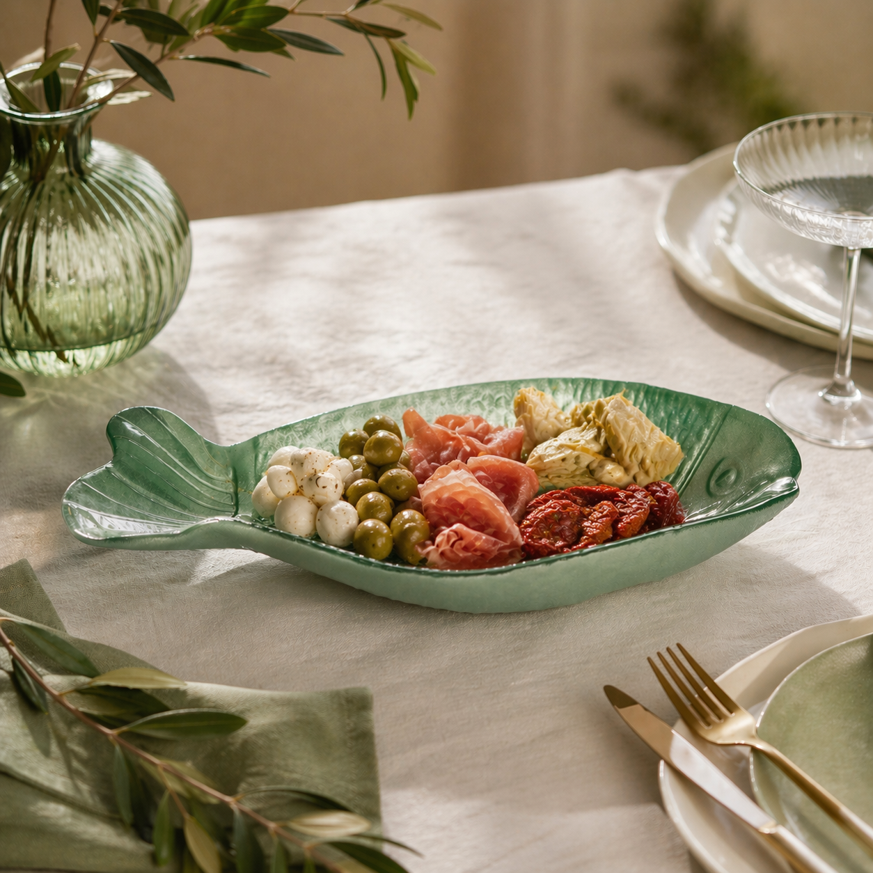 Set 2 piatti pesce in vetro verde 25x12 cm