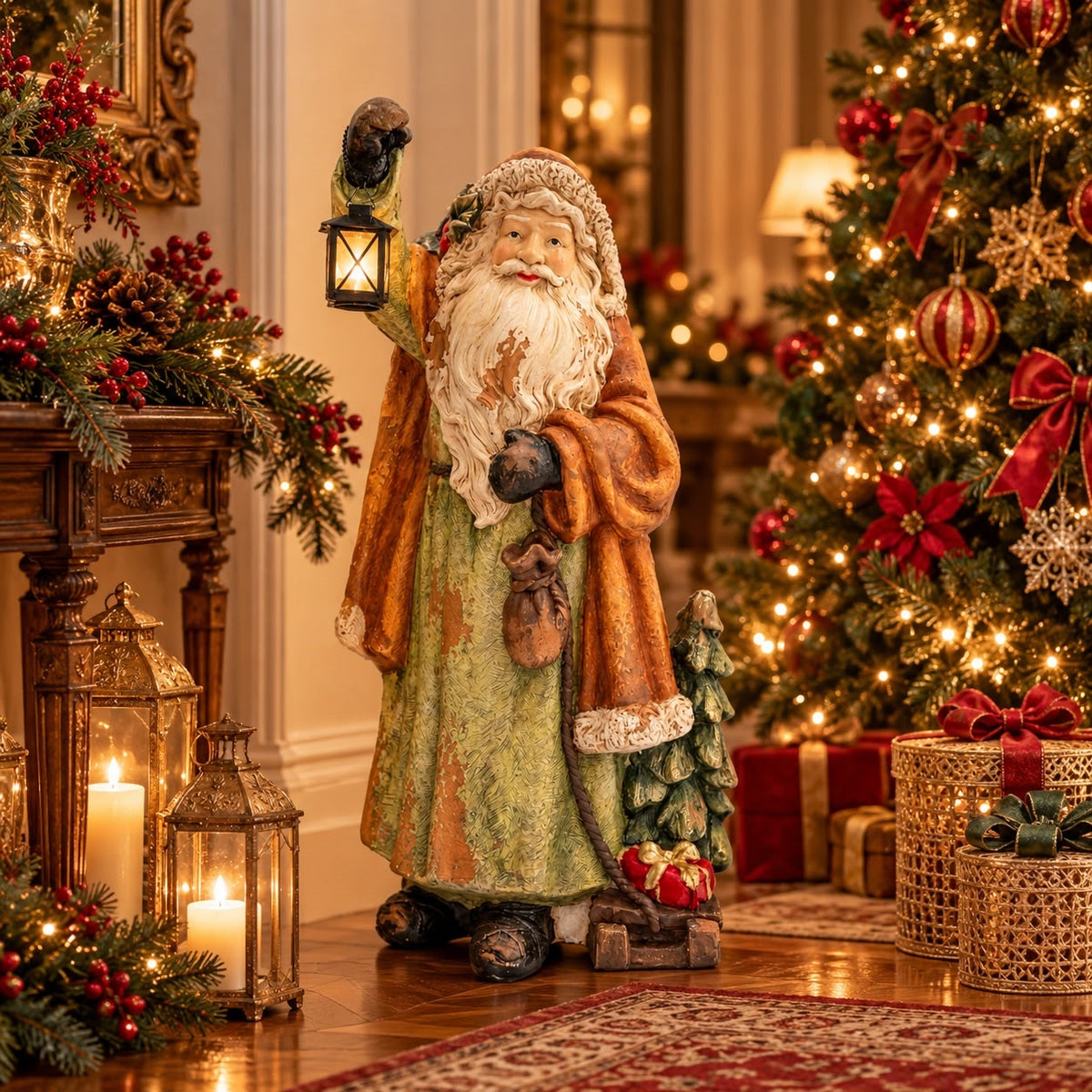 Papai Noel com Trenó em Resina Verde H.85x47x35 cm - KeyHome Store