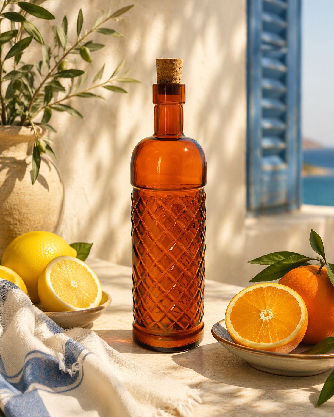 Bottiglia in vetro ambra con tappo H.25x6,5 cm