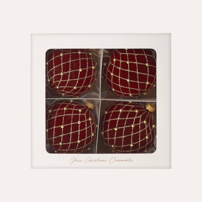 Set di 4 Palline di Natale in Vetro Rosse Vellutate