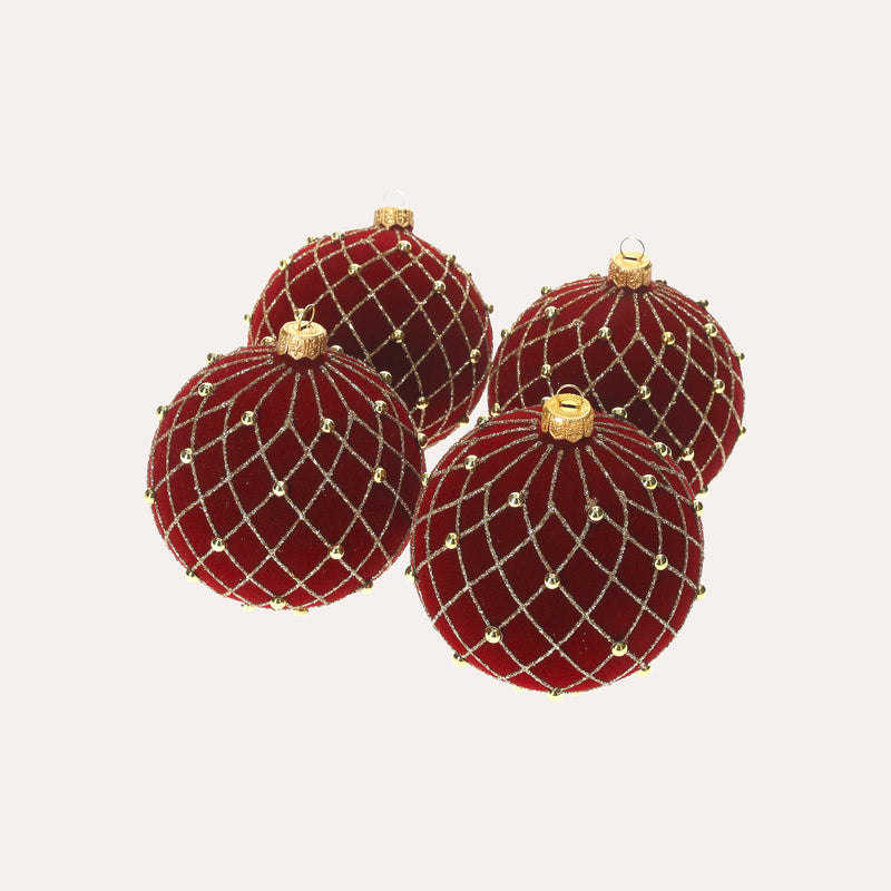 Set di 4 Palline di Natale in Vetro Rosse Vellutate
