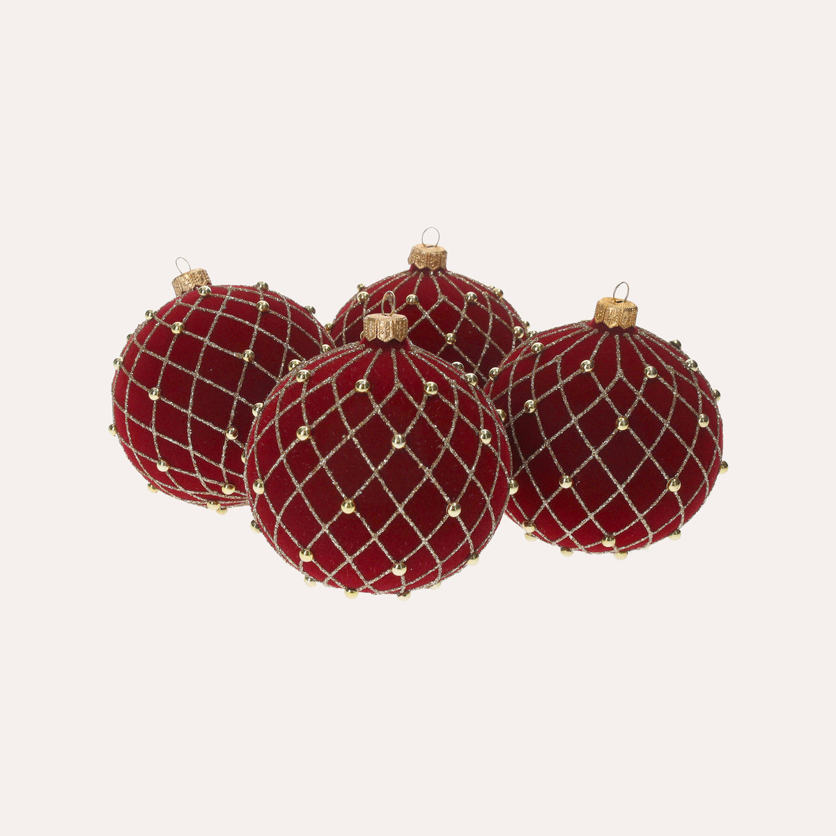 Set di 4 Palline di Natale in Vetro Rosse Vellutate