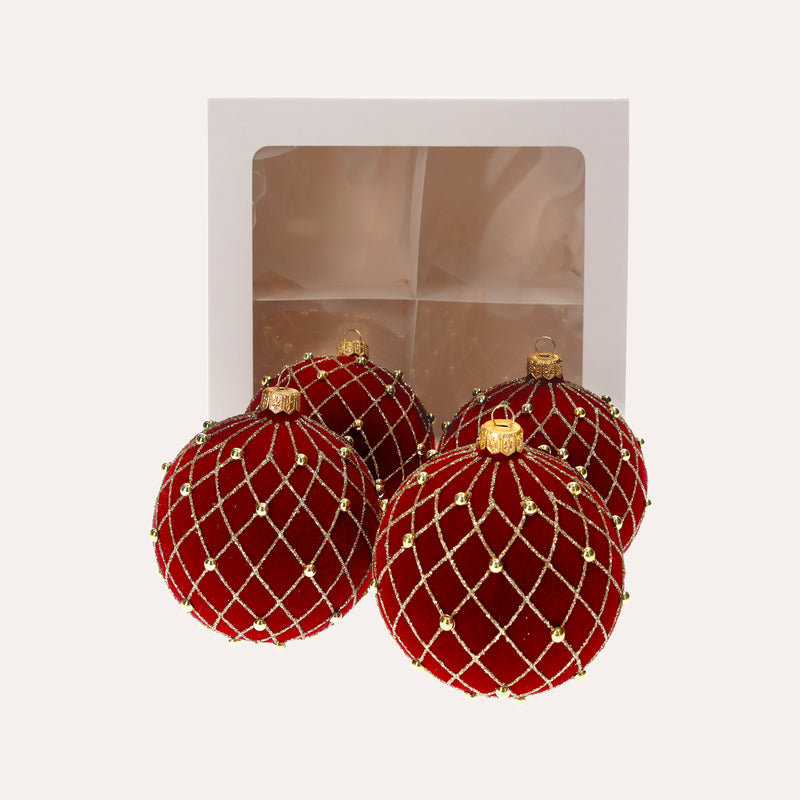 Set di 4 Palline di Natale in Vetro Rosse Vellutate