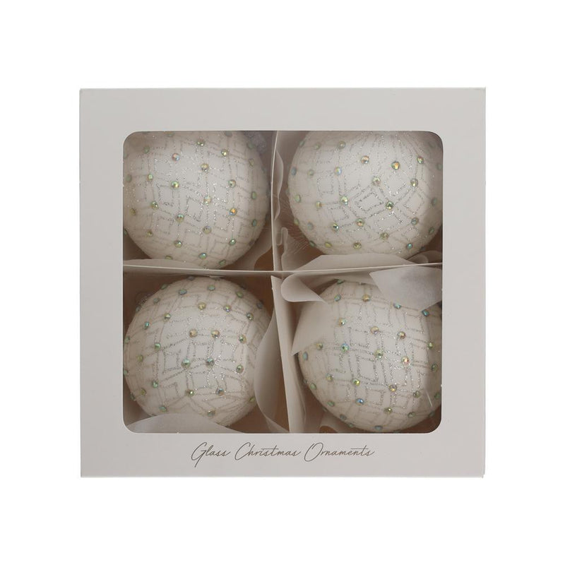 Set di 4 Palline in Vetro Bianco con Decorazioni Argentate