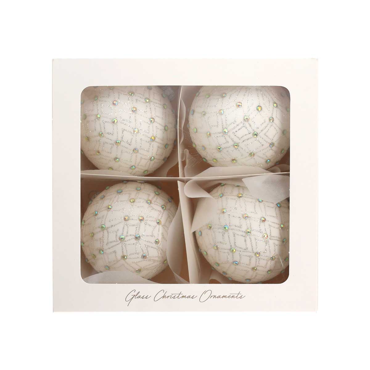 Set di 4 Palline in Vetro Bianco con Decorazioni Argentate