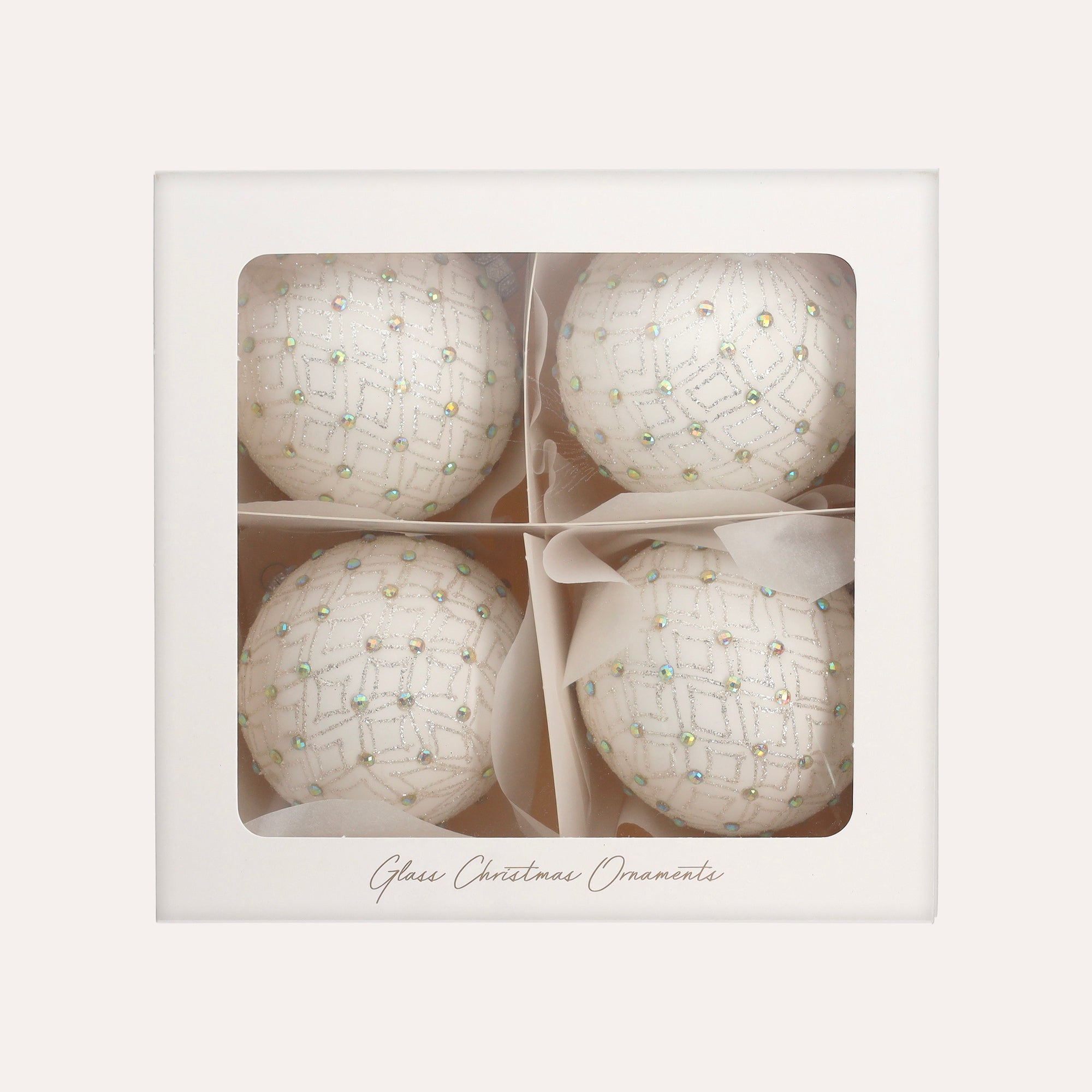 Set of 4 White Glass Balls with Silver Decorations 