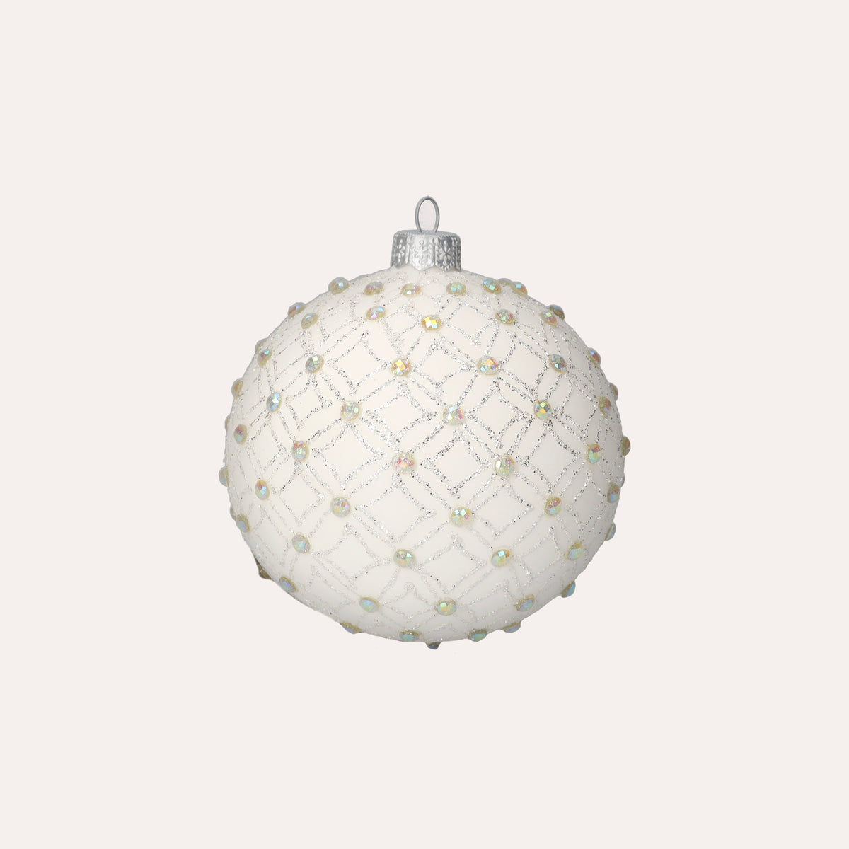 Set di 4 Palline in Vetro Bianco con Decorazioni Argentate