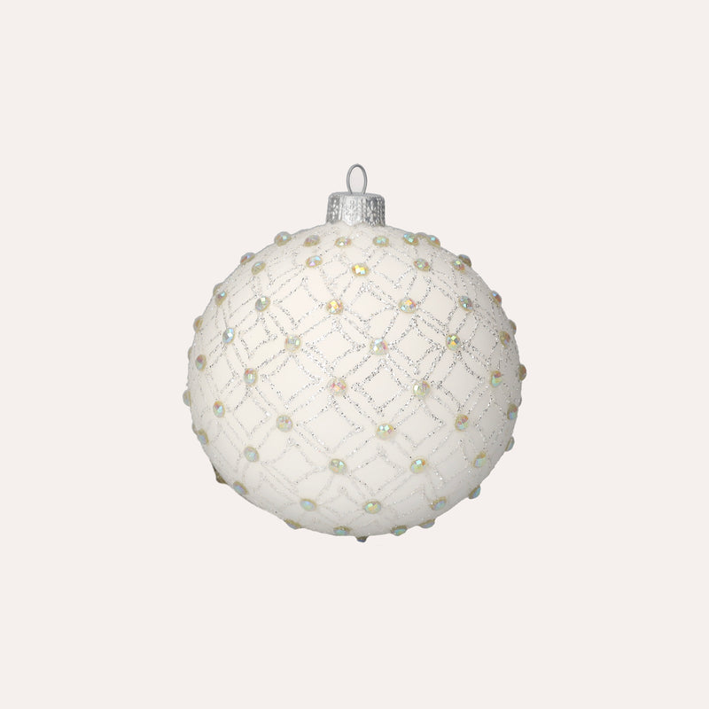 Set di 4 Palline in Vetro Bianco con Decorazioni Argentate