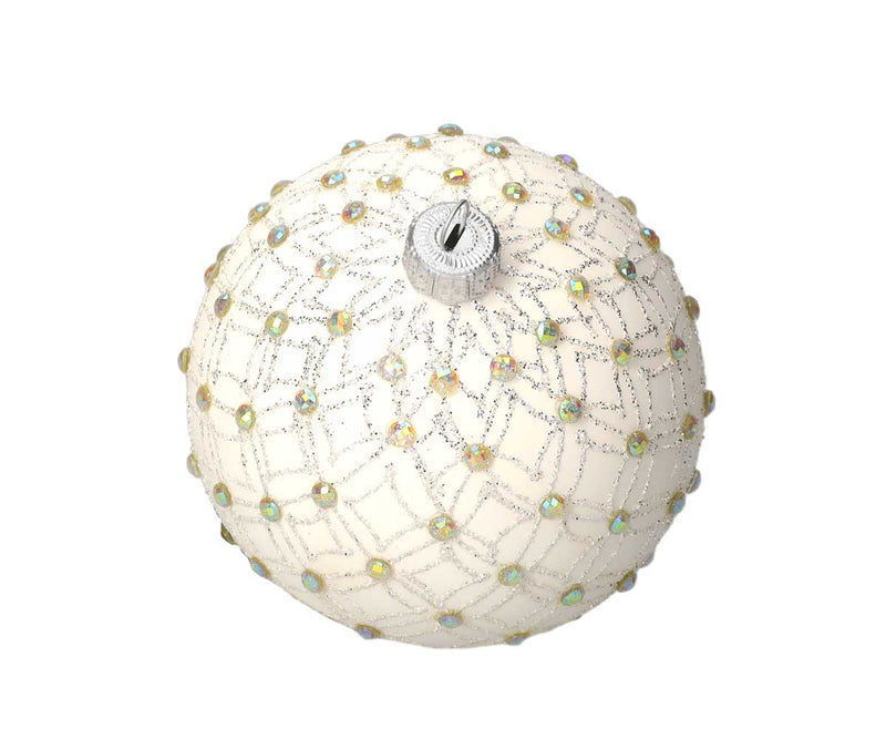 Set di 4 Palline in Vetro Bianco con Decorazioni Argentate