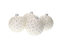 Set di 4 Palline in Vetro Bianco con Decorazioni Argentate
