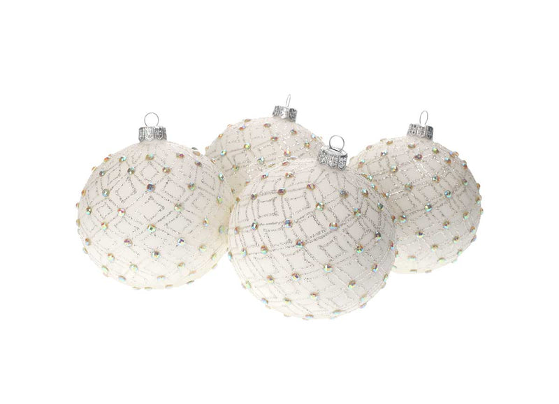 Set di 4 Palline in Vetro Bianco con Decorazioni Argentate