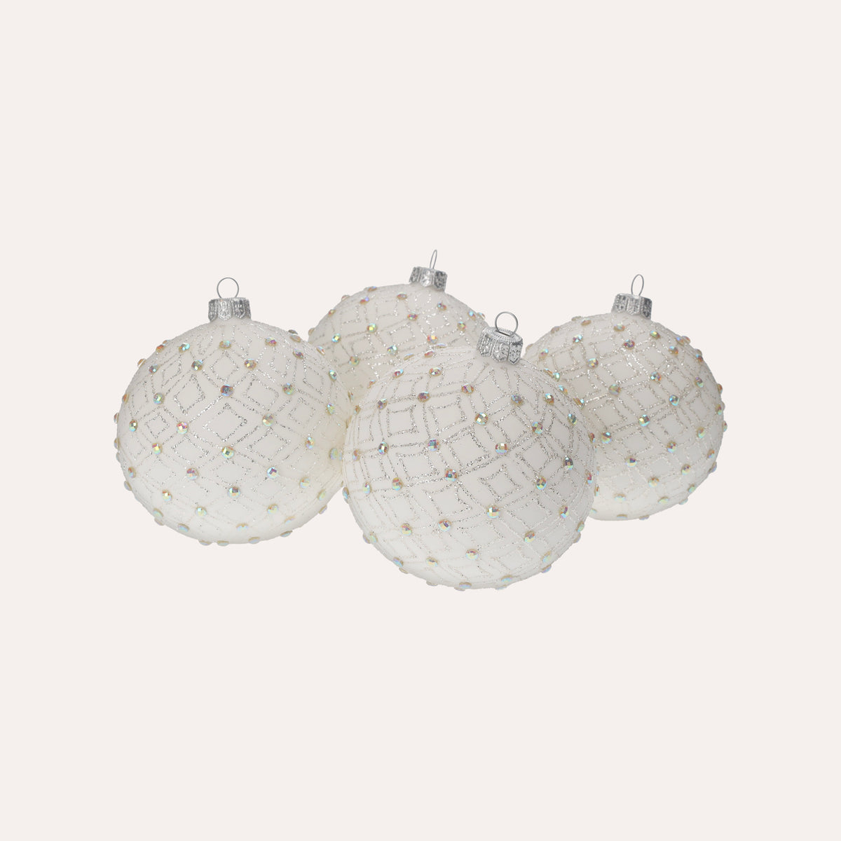 Set di 4 Palline in Vetro Bianco con Decorazioni Argentate