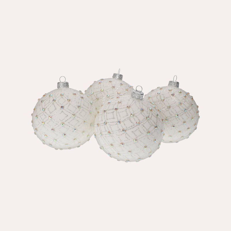 Set di 4 Palline in Vetro Bianco con Decorazioni Argentate