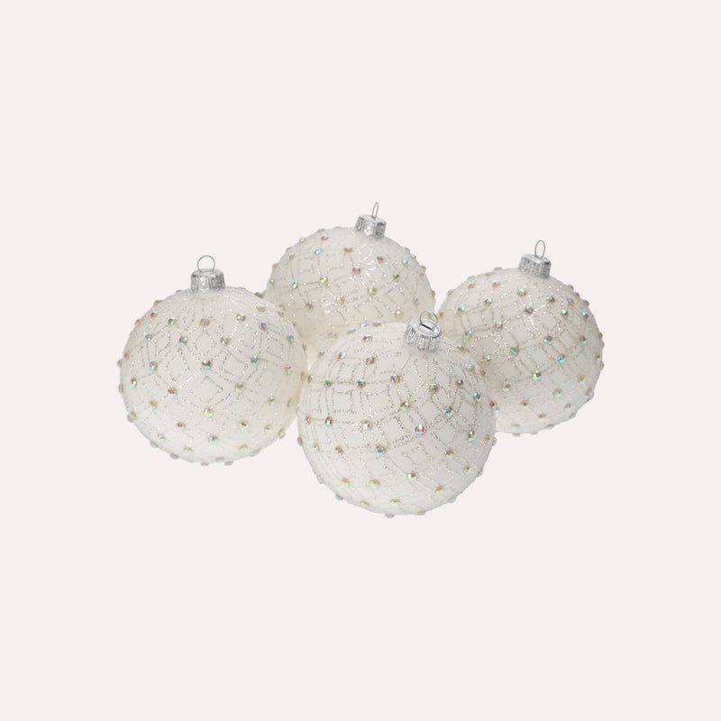Set di 4 Palline in Vetro Bianco con Decorazioni Argentate