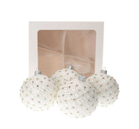 Set di 4 Palline in Vetro Bianco con Decorazioni Argentate