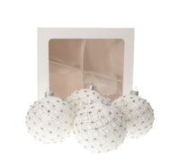 Set di 4 Palline in Vetro Bianco con Decorazioni Argentate