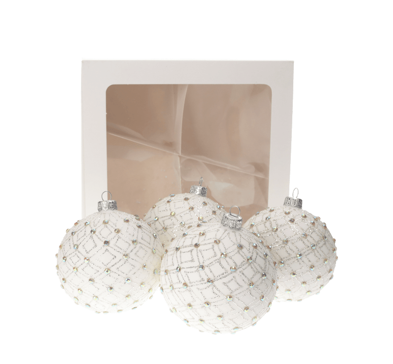 Set di 4 Palline in Vetro Bianco con Decorazioni Argentate