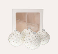 Set di 4 Palline in Vetro Bianco con Decorazioni Argentate