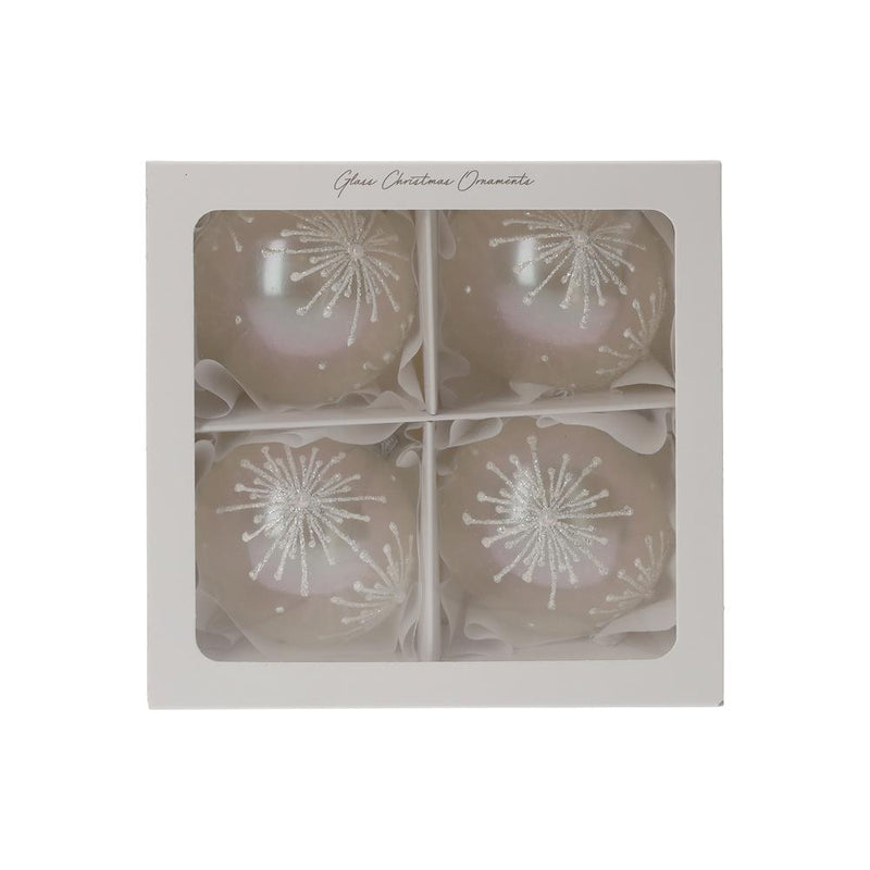 Set di 4 Palline in Vetro Bianco Perlato con Fiocchi di Neve