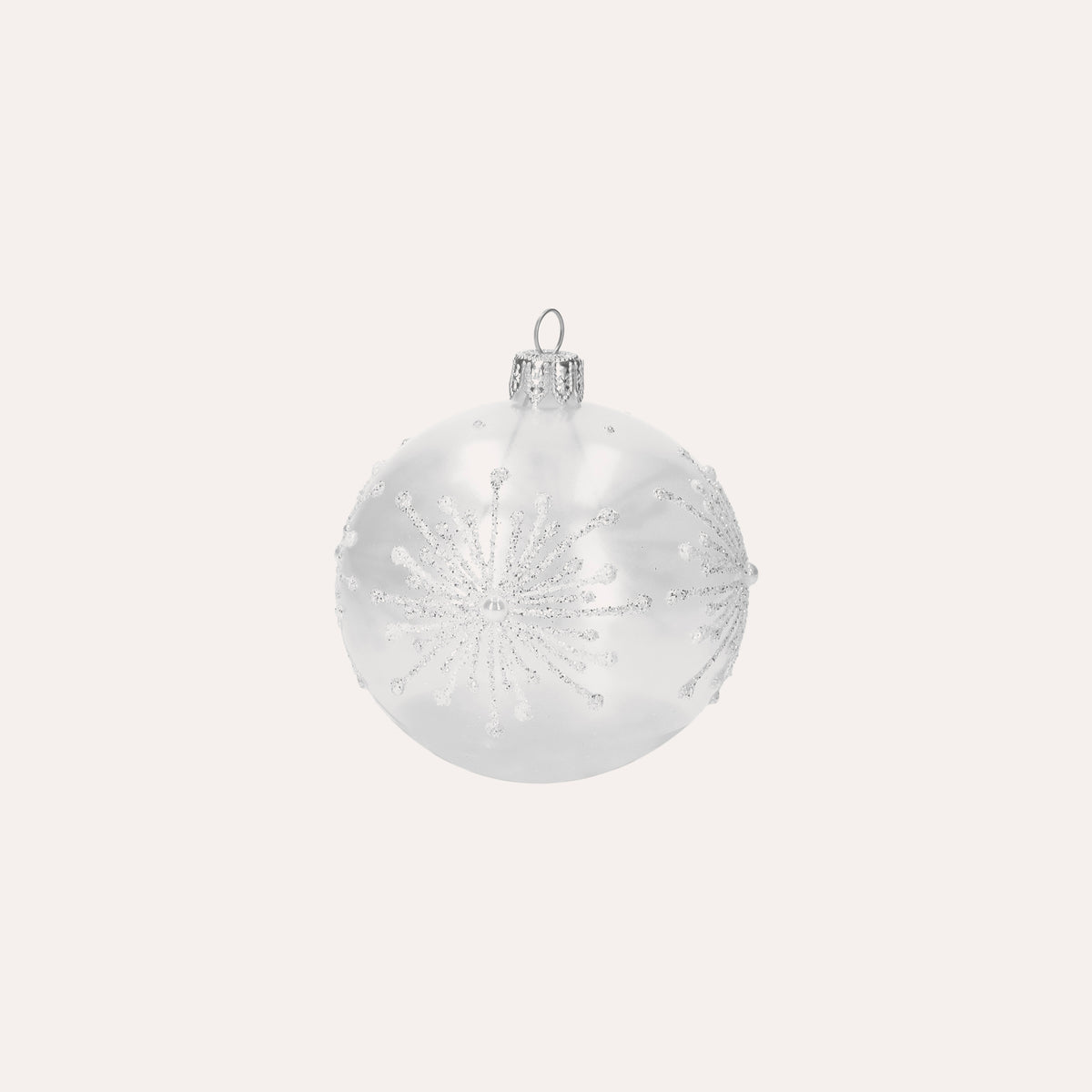 Set di 4 Palline in Vetro Bianco Perlato con Fiocchi di Neve