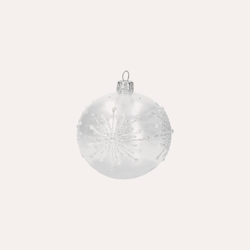 Set di 4 Palline in Vetro Bianco Perlato con Fiocchi di Neve