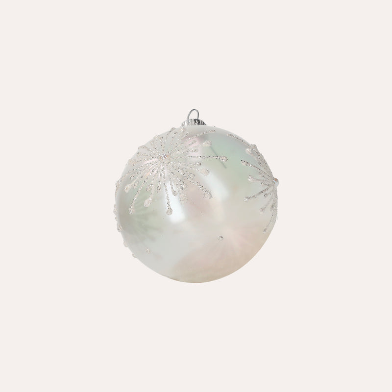 Set di 4 Palline in Vetro Bianco Perlato con Fiocchi di Neve
