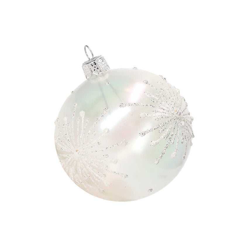 Set di 4 Palline in Vetro Bianco Perlato con Fiocchi di Neve