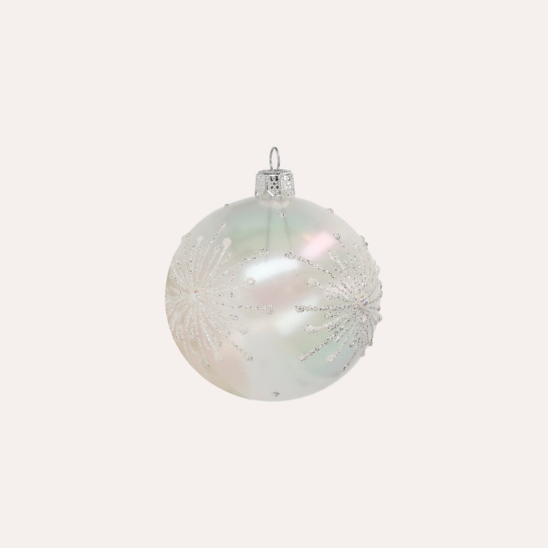 Set di 4 Palline in Vetro Bianco Perlato con Fiocchi di Neve