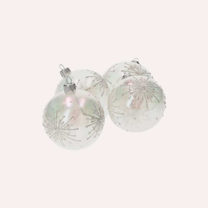 Set di 4 Palline in Vetro Bianco Perlato con Fiocchi di Neve