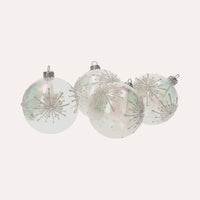 Set di 4 Palline in Vetro Bianco Perlato con Fiocchi di Neve