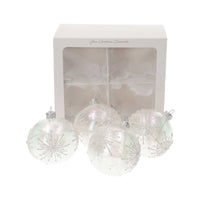 Set di 4 Palline in Vetro Bianco Perlato con Fiocchi di Neve