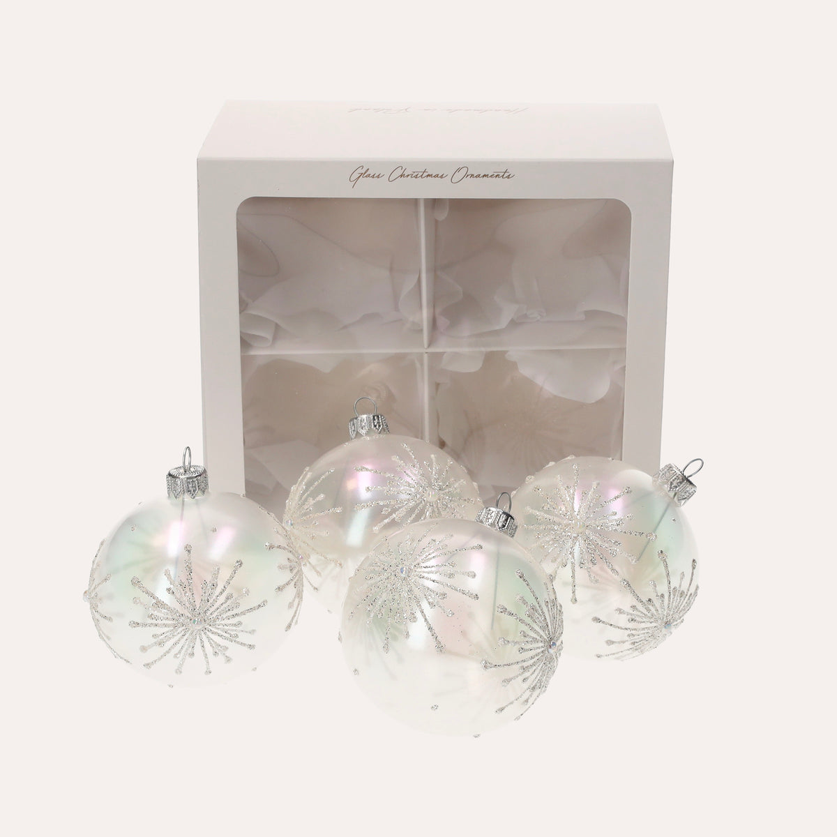 Set di 4 Palline in Vetro Bianco Perlato con Fiocchi di Neve