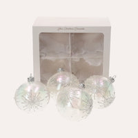 Set di 4 Palline in Vetro Bianco Perlato con Fiocchi di Neve