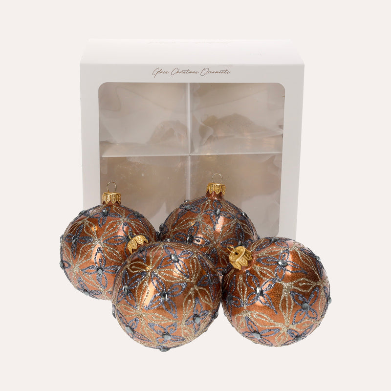 Set di 4 Palline in Vetro Rame Decorate a Mano