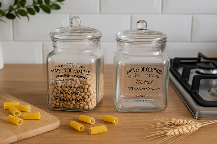 Barattoli in Vetro con Coperchio e Scritta Francese – Contenitori da Cucina Stile Vintage