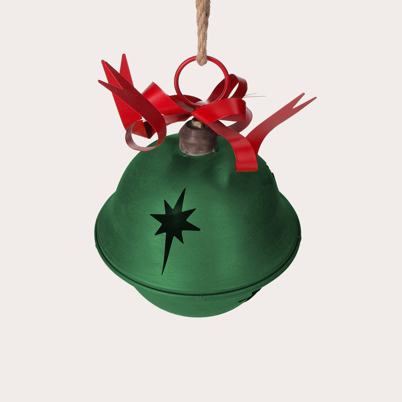 Campana Natalizia Verde in Metallo con Fiocco Rosso – Decorazione da Appendere