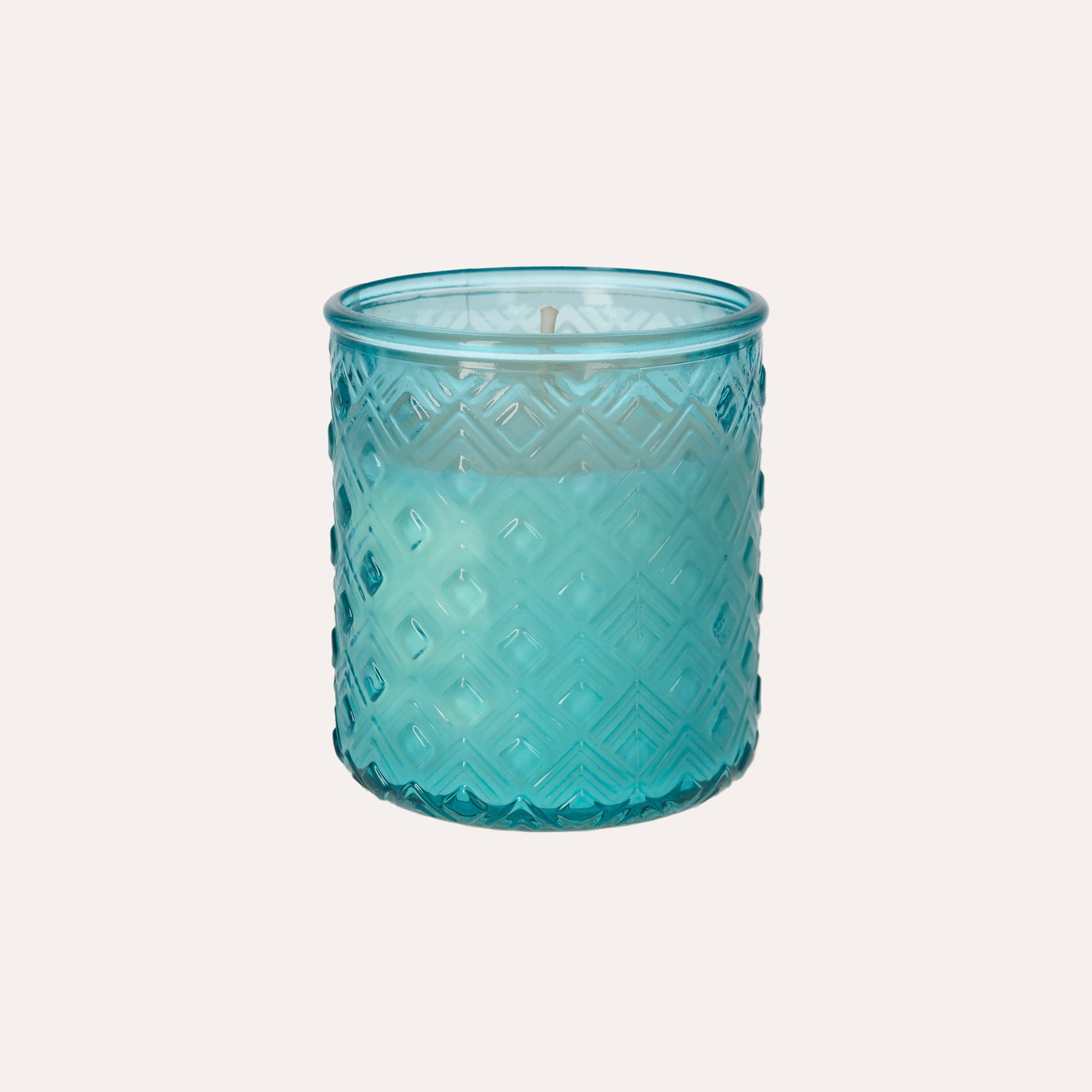 Kerze aus recyceltem Glas, hellblau, fruchtiges Aroma