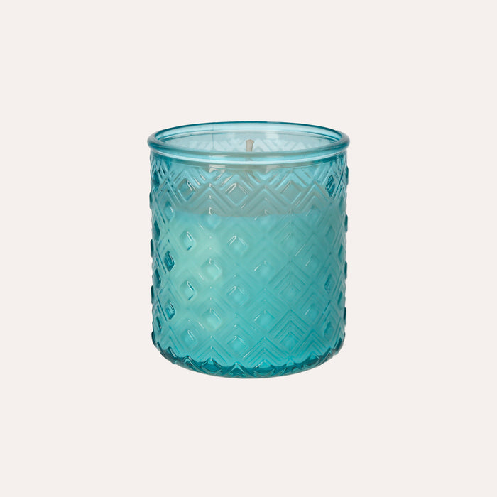 Candela In Vetro Riciclato Azzurro, Cera Di Soia Naturale, Aroma Fruttato