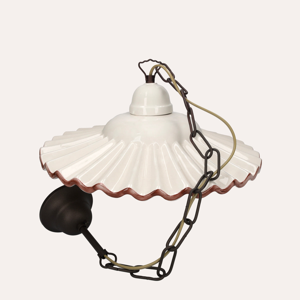 Lampadario a Sospensione Rustico in Ceramica Bianca con Bordo Marrone