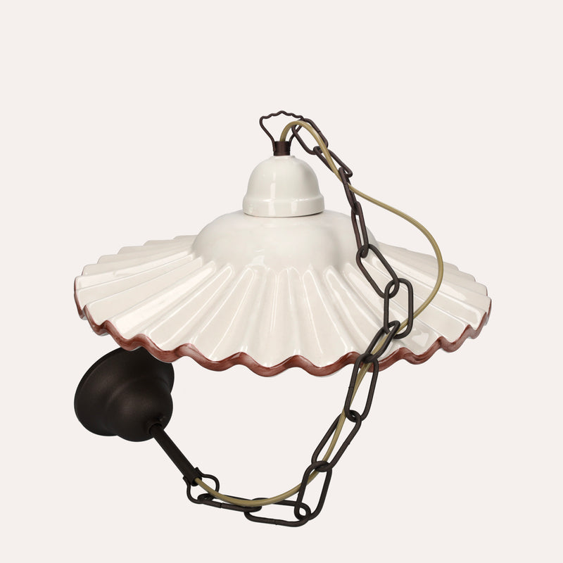 Lampadario a Sospensione Rustico in Ceramica Bianca con Bordo Marrone