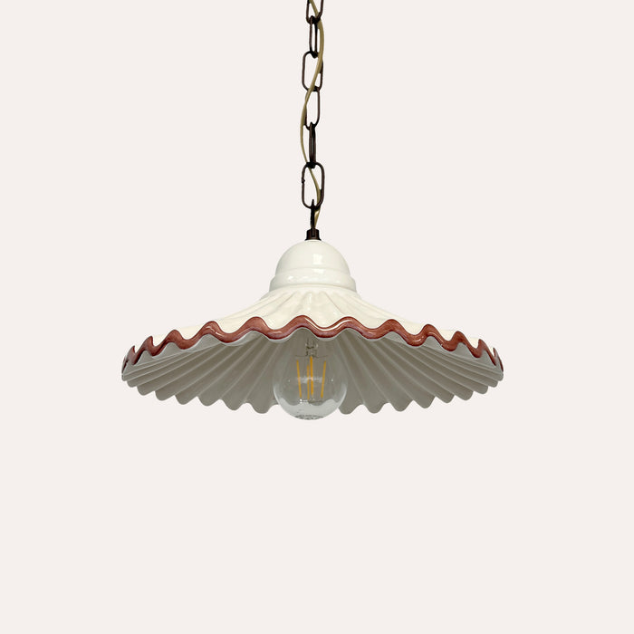 Lampadario a Sospensione Rustico in Ceramica Bianca con Bordo Marrone