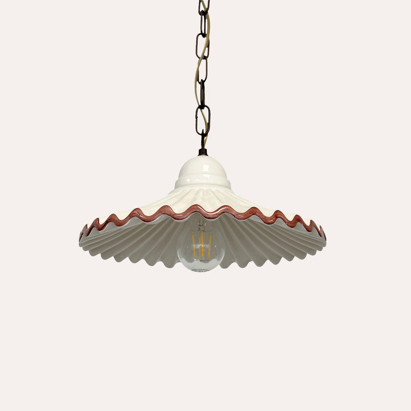 Lampadario a Sospensione Rustico in Ceramica Bianca con Bordo Marrone