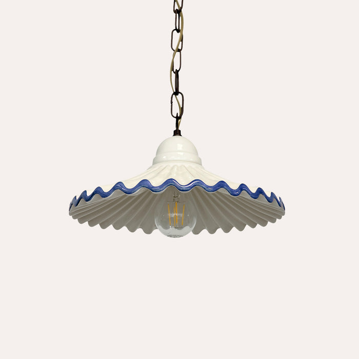 Lampadario a Sospensione in Ceramica Bianca con Bordo Blu