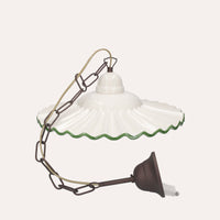 Lampadario Rustico in Ceramica Bianco con Bordo Verde e Catena in ottone